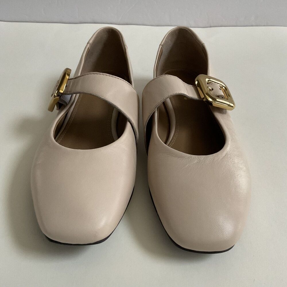 Maeve Buckle Leather Square Toe Ballet Mary Jane Flats Sz 37 Beige Minimalist - Picture 6 of 8